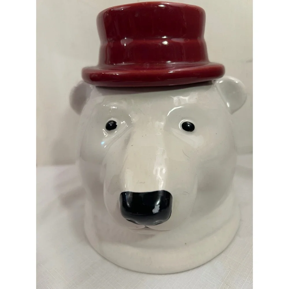 Unbranded Polar Bear Cookie Jar OS White Red Top Hat Ceramic Christmas Decor
